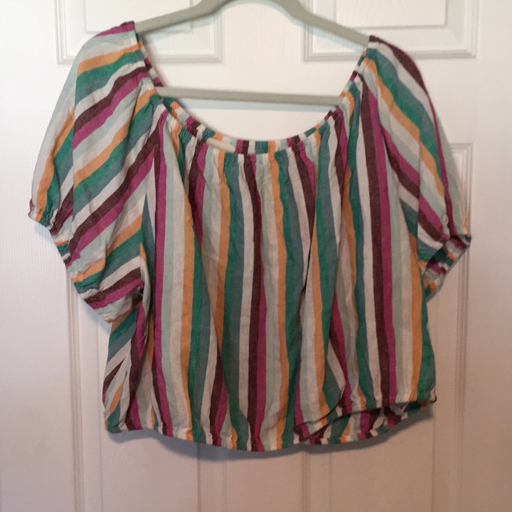 Linen stripped short sleeves cropped top